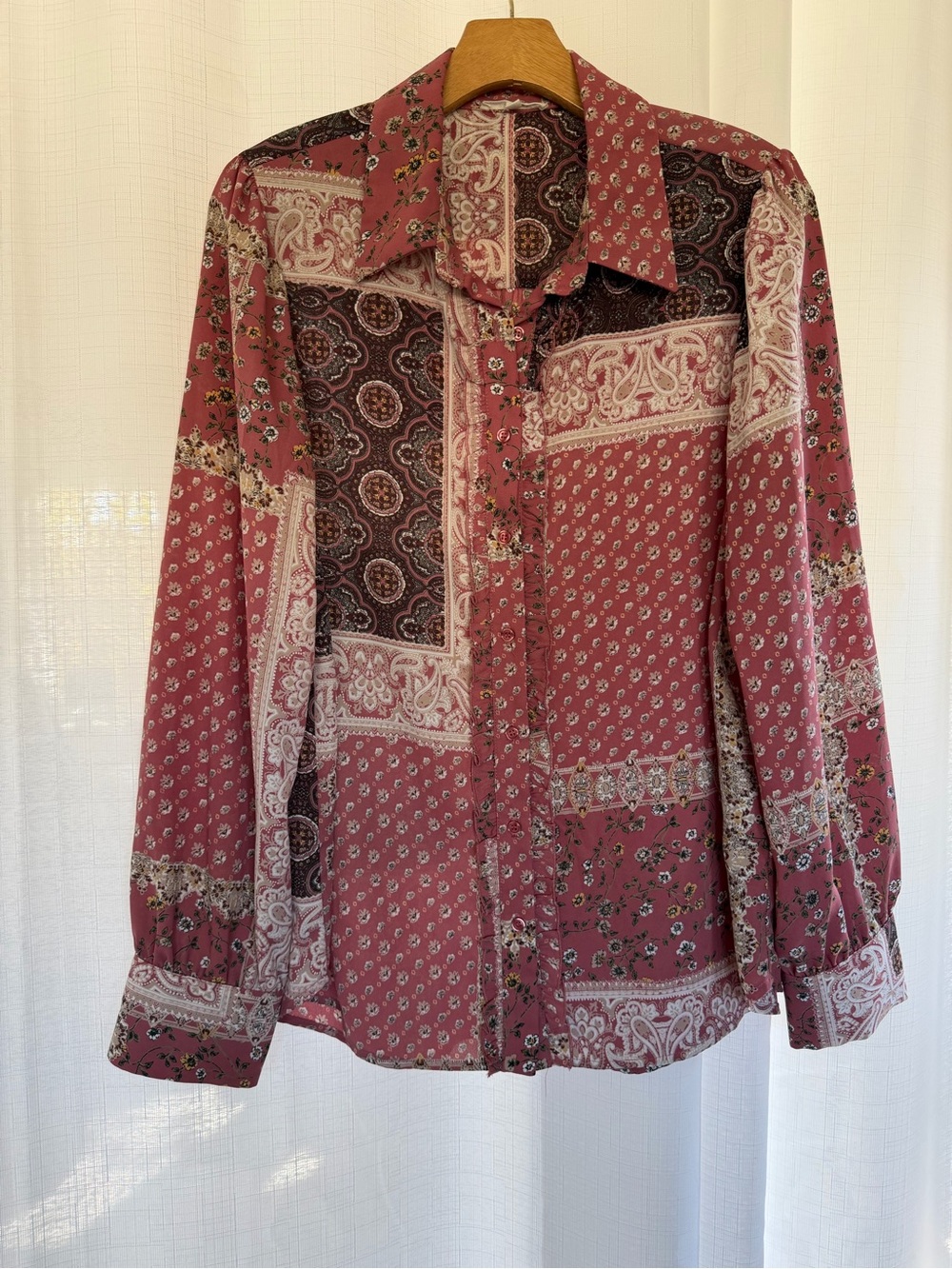 Pleione Patchwork Paisley Floral Button Front Blouse Size L Brown Mauve
